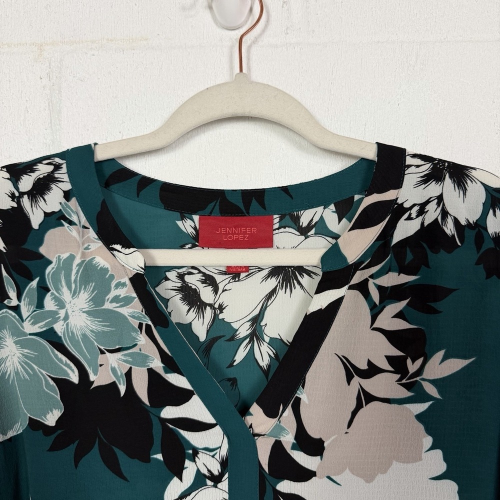Jennifer Lopez Button Up Top Green Floral Balloon Sleeves Flowy Office Bloom XXL - Picture 2 of 13